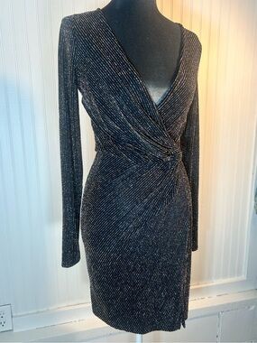Black with Gold and Silver Thread Wrap Long Sleeve Dress